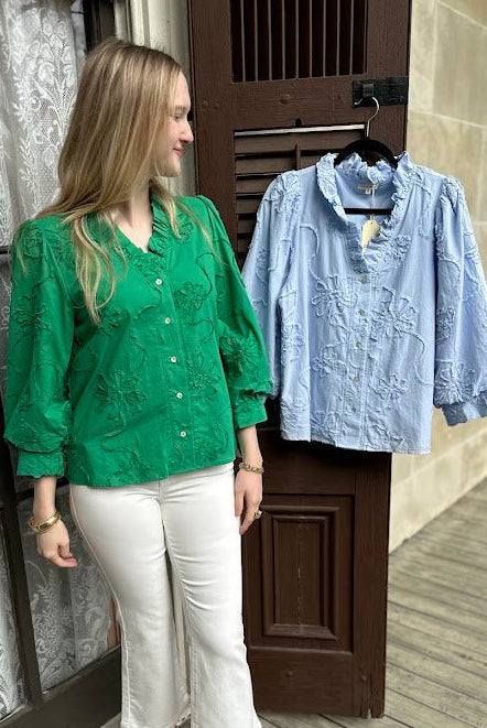 3D floral top, button down floral blouse, cotton women’s top, textured floral blouse, 3/4 sleeve blouse, feminine button down