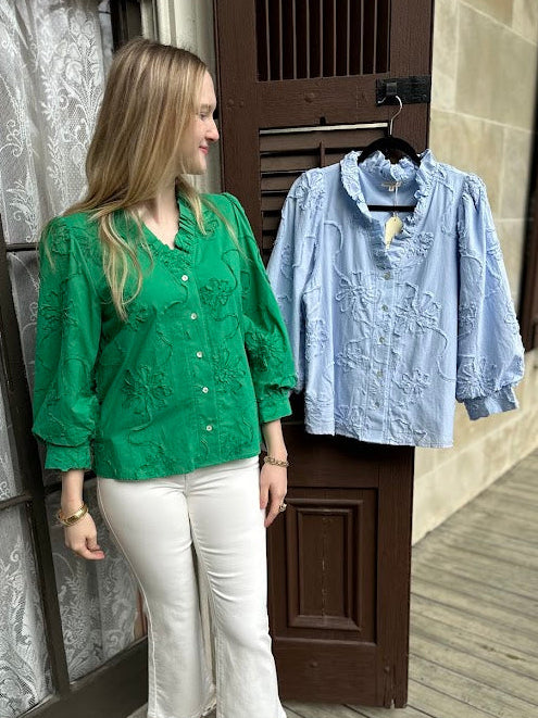 3D floral top, button down floral blouse, cotton women’s top, textured floral blouse, 3/4 sleeve blouse, feminine button down