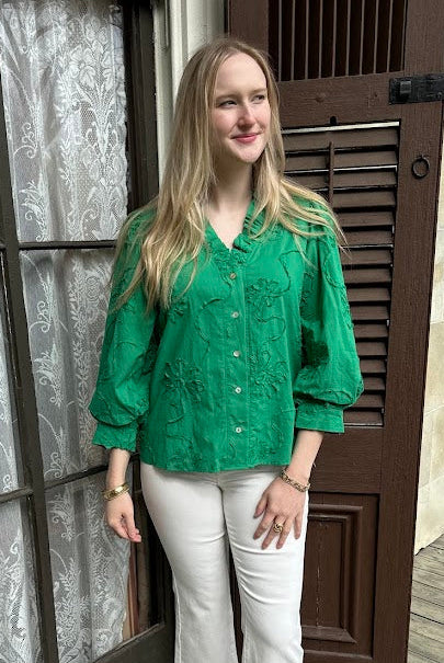 3D floral top, button down floral blouse, cotton women’s top, textured floral blouse, 3/4 sleeve blouse, feminine button down