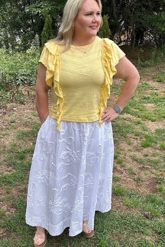 3D Floral Embroidered Cotton Midi Skirt