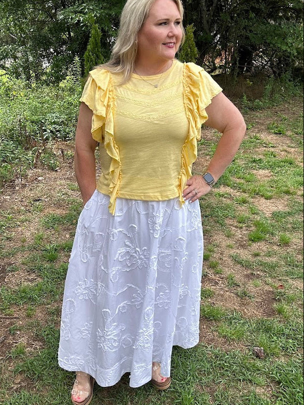 3D Floral Embroidered Cotton Midi Skirt