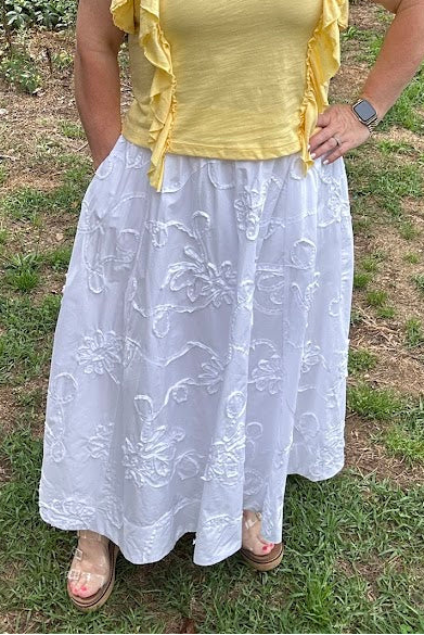 3D Floral Embroidered Cotton Midi Skirt