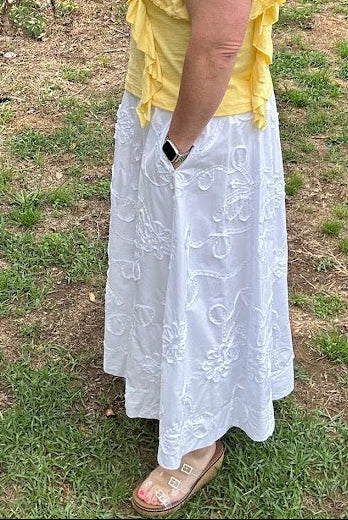 3D Floral Embroidered Cotton Midi Skirt