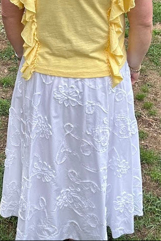 3D Floral Embroidered Cotton Midi Skirt