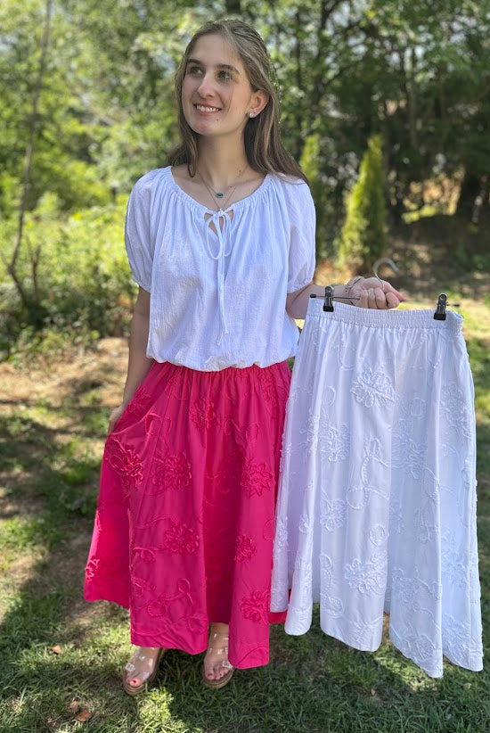 3D Floral Embroidered Cotton Midi Skirt