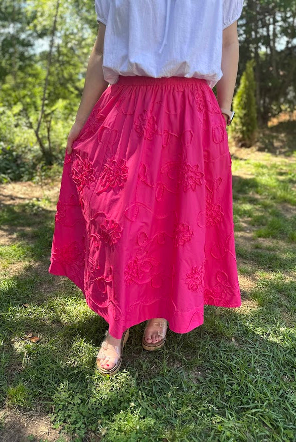 3D Floral Embroidered Cotton Midi Skirt