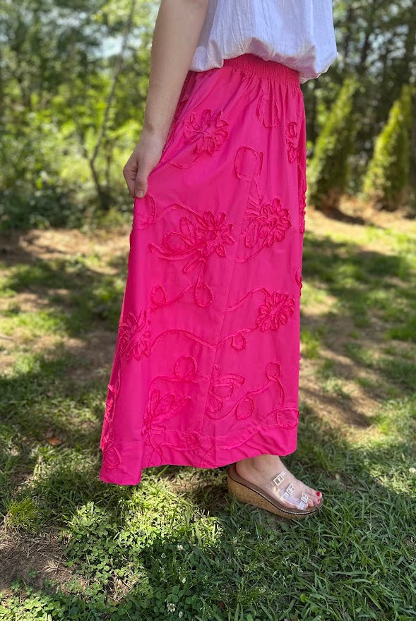 3D Floral Embroidered Cotton Midi Skirt