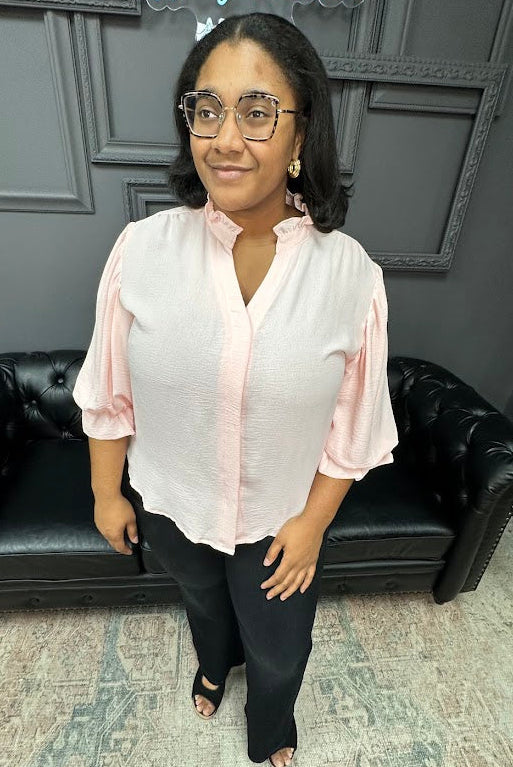 curvy blouse, plus size balloon sleeve blouse, curvy woven top, 3/4 sleeve curvy blouse, women’s curvy tops, boutique curvy clothing, Gypsy River Apparel