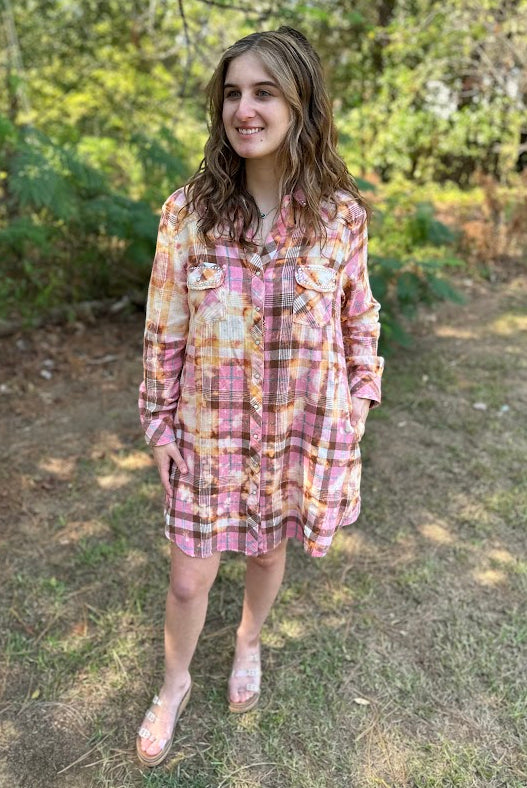 A Rare Bird Pink Plaid Cotton Flannel Button-Down Shirt Dress