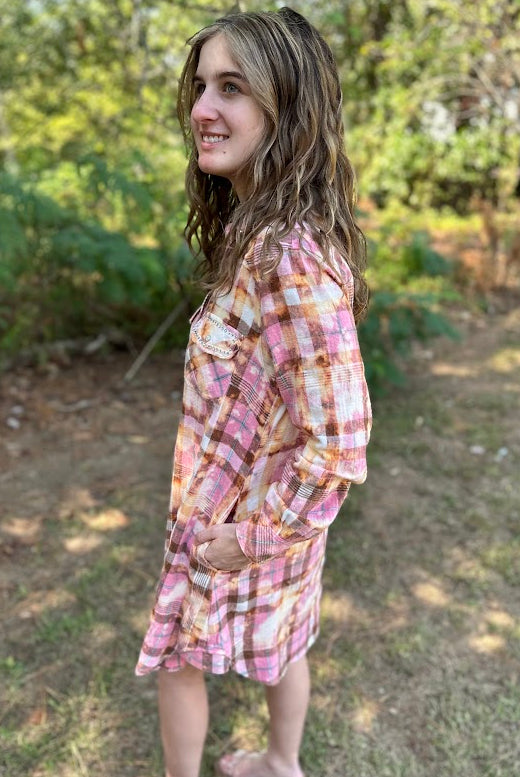 A Rare Bird Pink Plaid Cotton Flannel Button-Down Shirt Dress