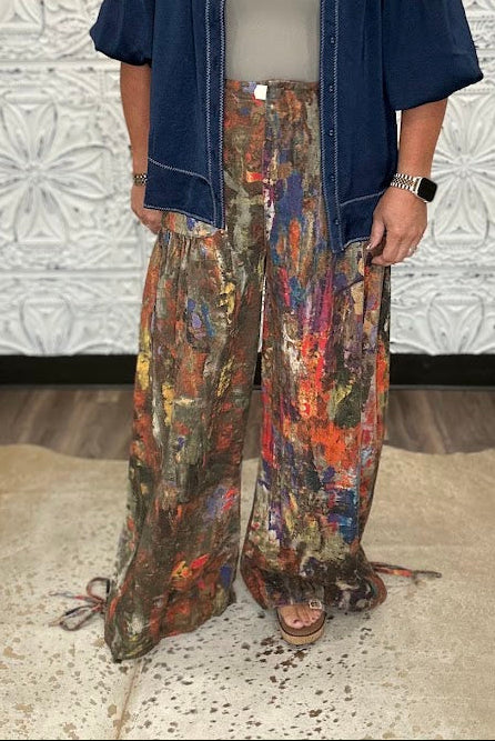 Abstract Printed Denim Wide-Leg Cargo Pants