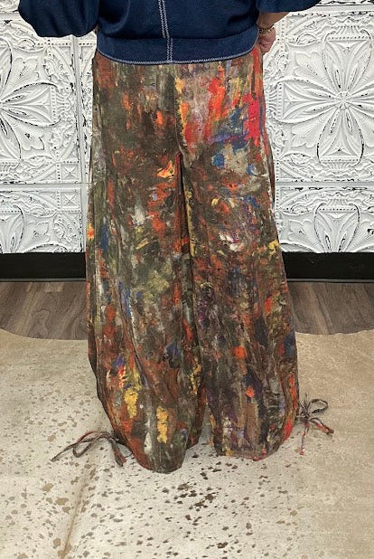 Abstract Printed Denim Wide-Leg Cargo Pants