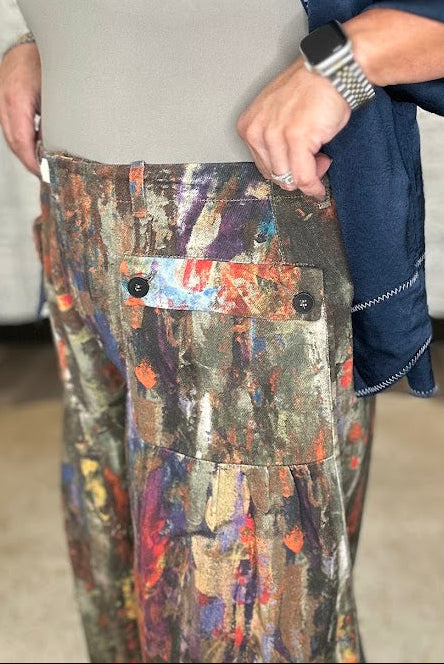 Abstract Printed Denim Wide-Leg Cargo Pants