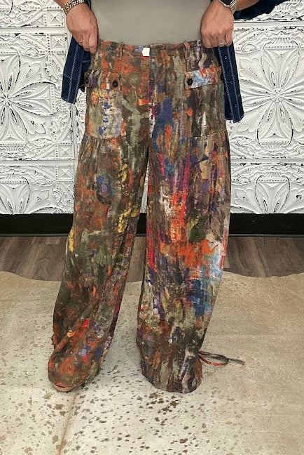 Abstract Printed Denim Wide-Leg Cargo Pants