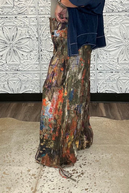 Abstract Printed Denim Wide-Leg Cargo Pants