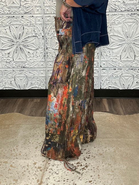 Abstract Printed Denim Wide-Leg Cargo Pants