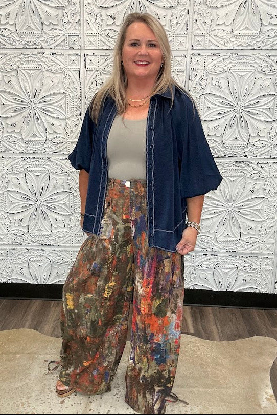 Abstract Printed Denim Wide-Leg Cargo Pants