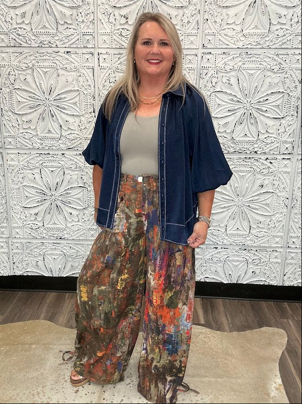 Abstract Printed Denim Wide-Leg Cargo Pants