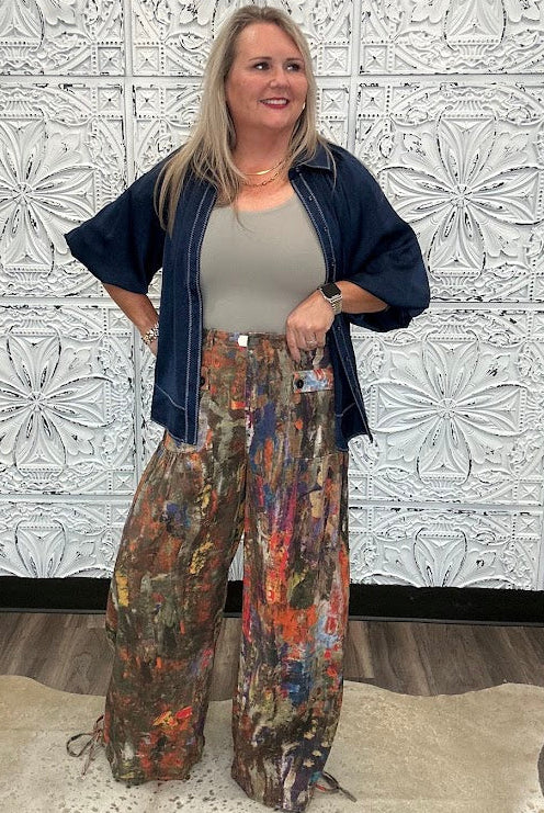 Abstract Printed Denim Wide-Leg Cargo Pants
