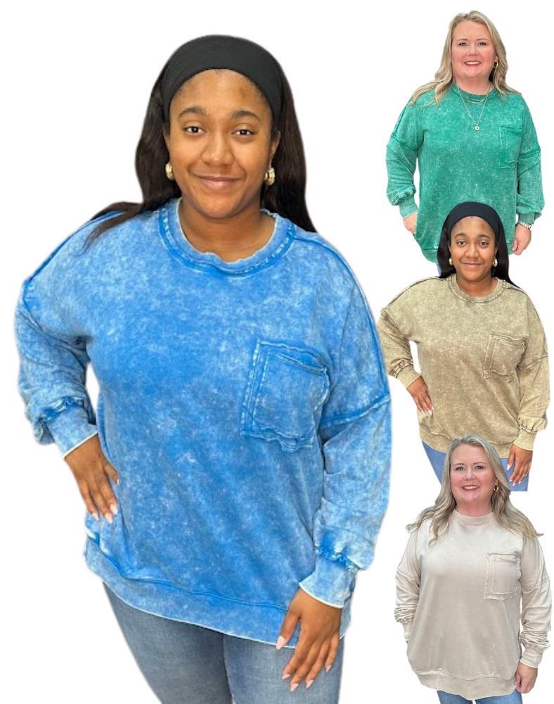 Acid-wash cotton terry pullover with raw-edge chest pocket, side pockets, and back seam detail. Several colors. Regular & Curvy.