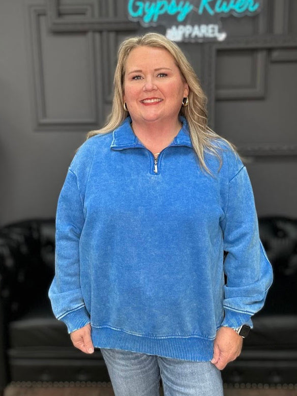 acid wash half zip sweatshirt, women’s acid wash pullover, vintage wash sweatshirt, quarter zip sweater, blue acid wash sweatshirt, casual boutique sweatshirt, oversized half zip, cozy fall pullover, women’s boutique tops, mineral wash sweatshirt, comfy everyday sweatshirt, Gypsy River pullover