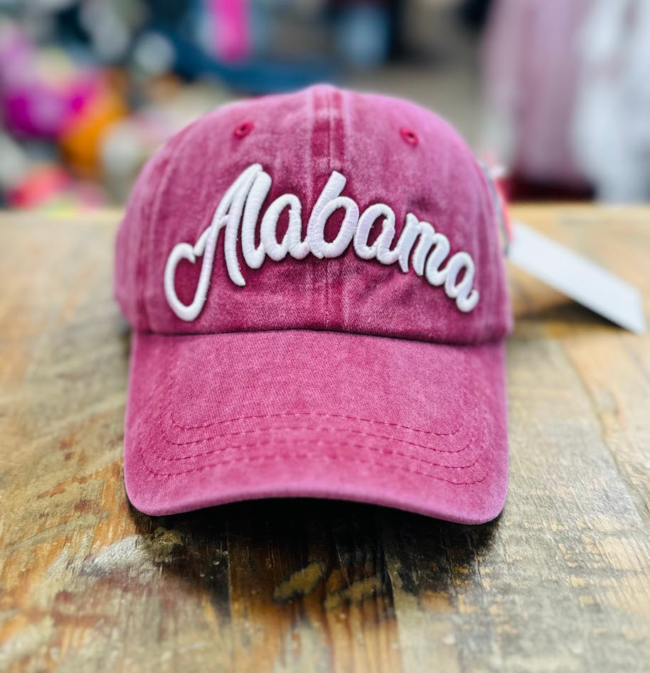 Distressed Crimson Alabama Baseball Cap Script