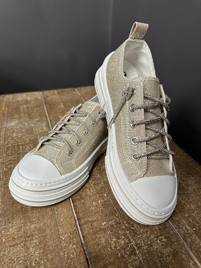 Glitter tan sneakers rhinestone laces Aman Very G