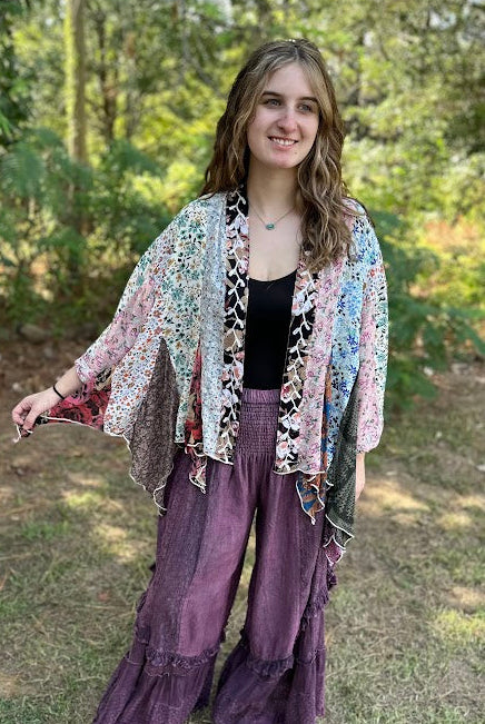 Artisan Boho Floral Patchwork Lace-Trim Kimono