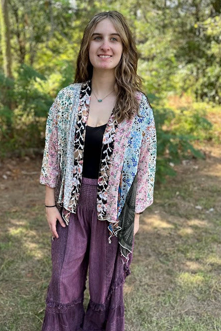 Artisan Boho Floral Patchwork Lace-Trim Kimono