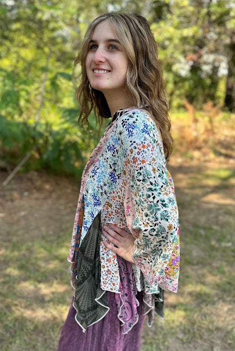 Artisan Boho Floral Patchwork Lace-Trim Kimono