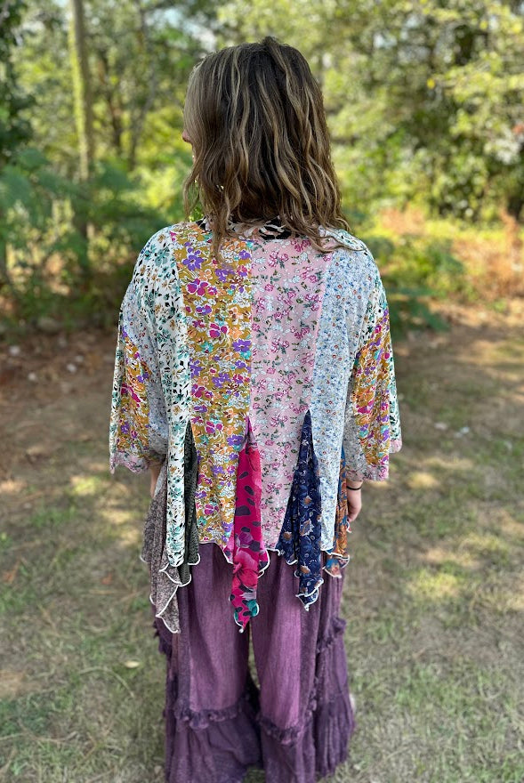 Artisan Boho Floral Patchwork Lace-Trim Kimono