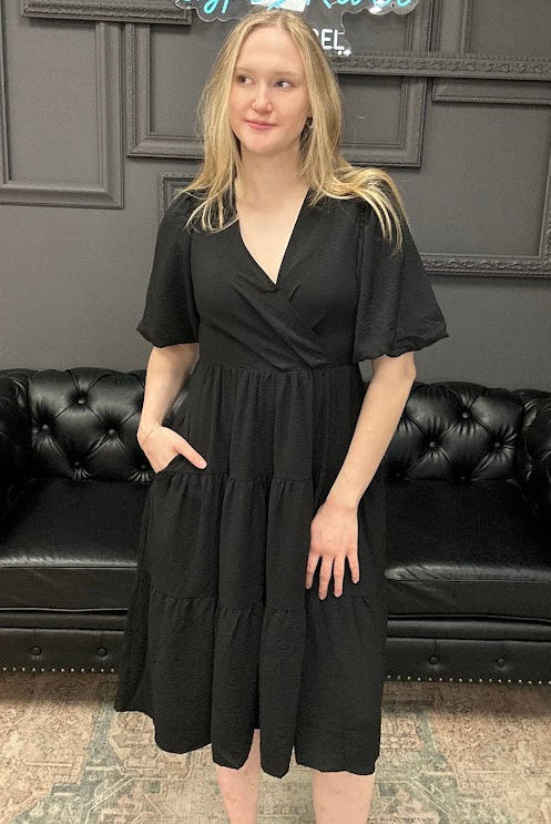 wrap midi dress, balloon sleeve dress, tiered midi dress, black midi dress, boutique dress with pockets, women’s midi dress