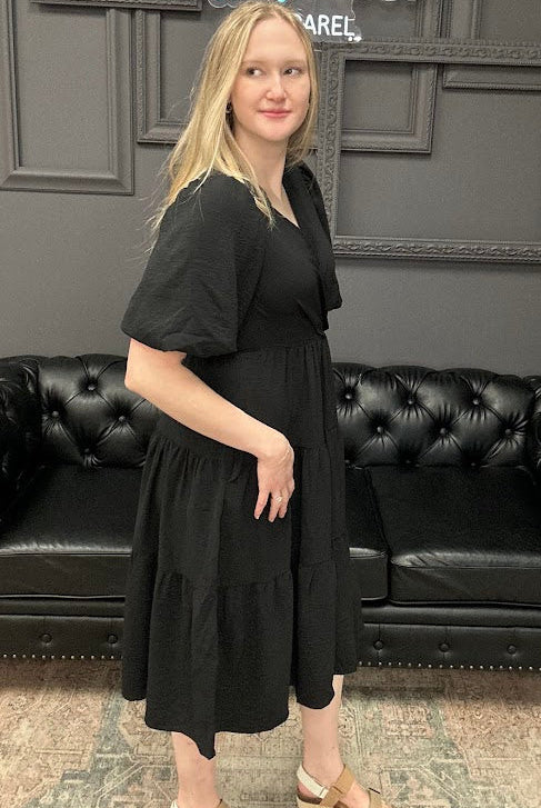wrap midi dress, balloon sleeve dress, tiered midi dress, black midi dress, boutique dress with pockets, women’s midi dress