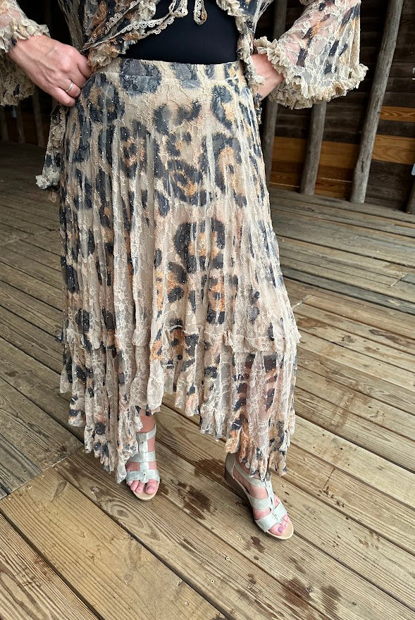 Beige Leopard Lace Tiered Midi Skirt