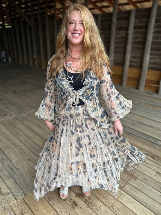 Beige Leopard Lace Tiered Midi Skirt