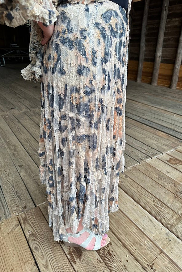 Beige Leopard Lace Tiered Midi Skirt