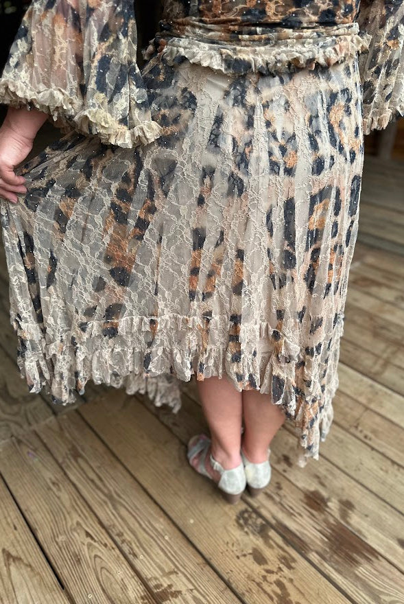 Beige Leopard Lace Tiered Midi Skirt