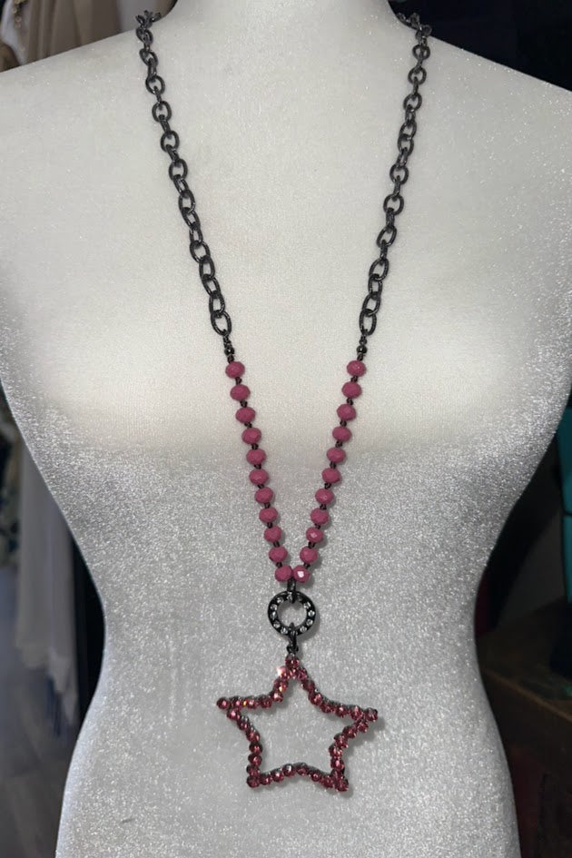 star pendant necklace, gunmetal necklace, pink beaded necklace, open star charm, long pendant necklace, statement necklace, boutique jewelry, Gypsy River necklace