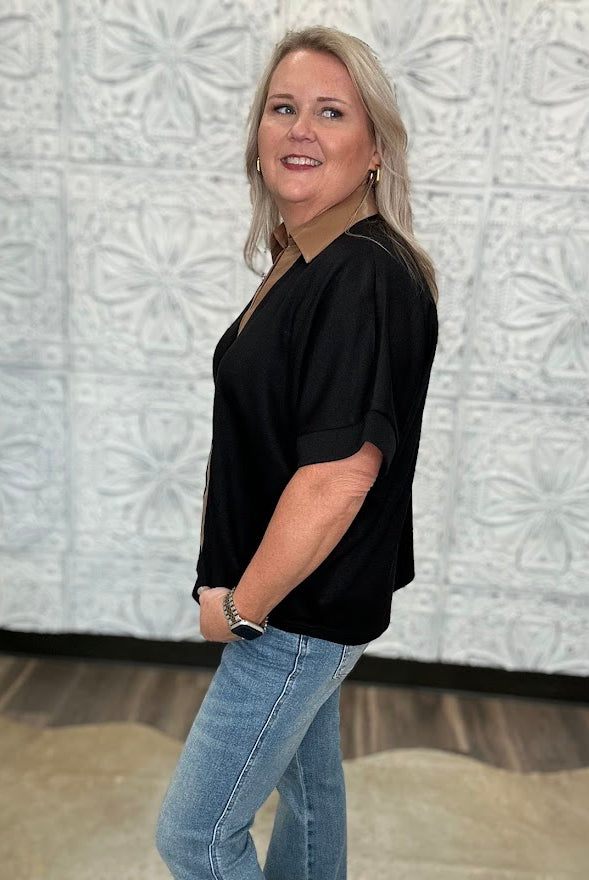 Black Contrast Collar Knit Top