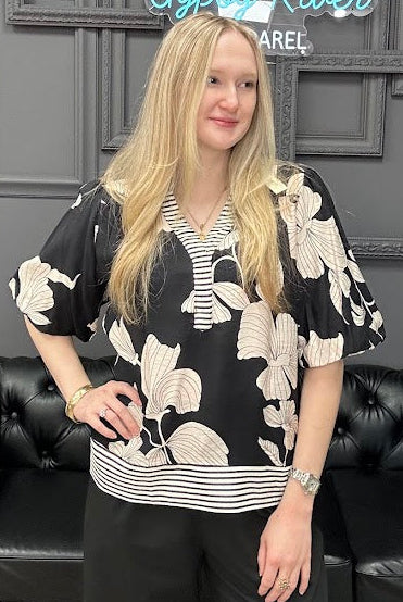 printed woven top, bubble sleeve top, women’s boutique top, contrast trim blouse, everyday blouse, casual work top