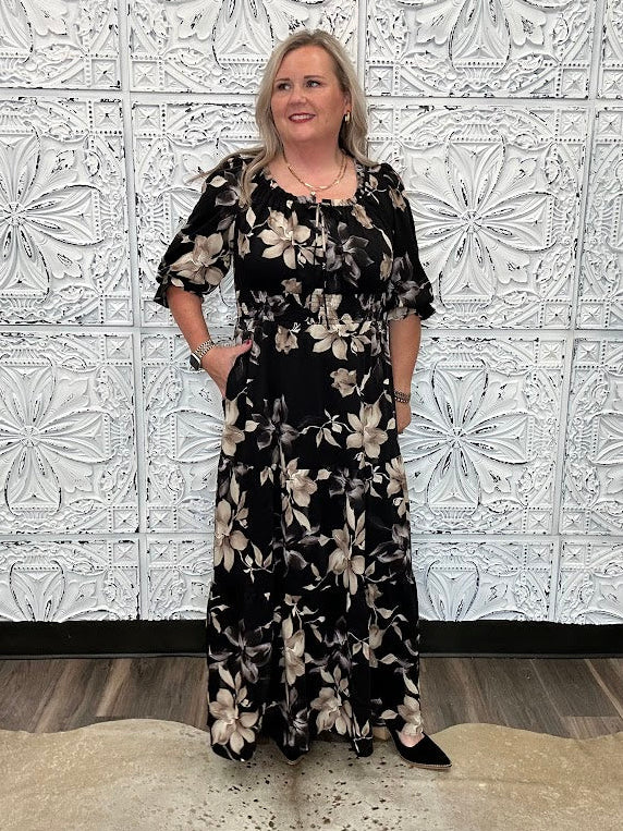 Black Floral Smocked Waist Tiered Maxi Dress