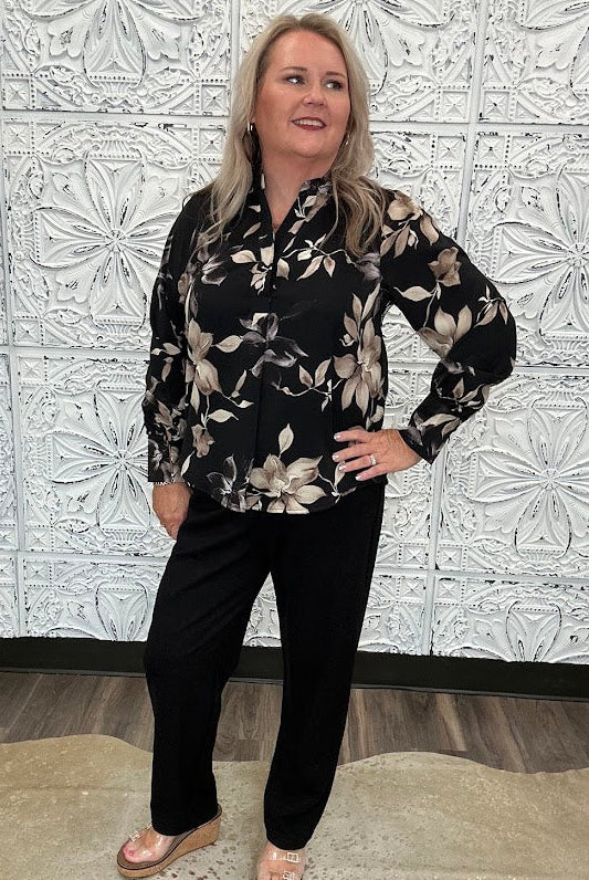 Black Floral Split Neck Blouse