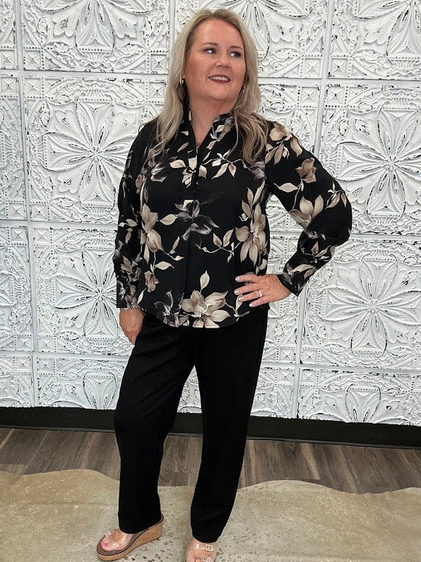 Black Floral Split Neck Blouse