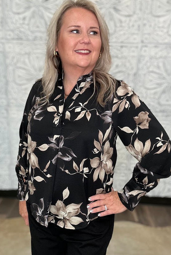 Black Floral Split Neck Blouse