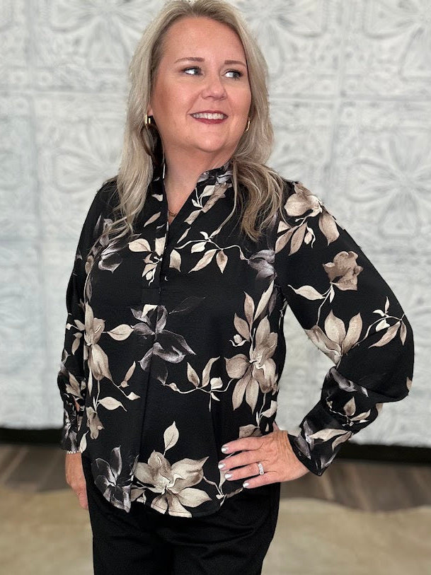 Black Floral Split Neck Blouse