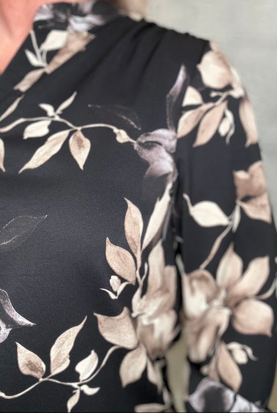 Black Floral Split Neck Blouse