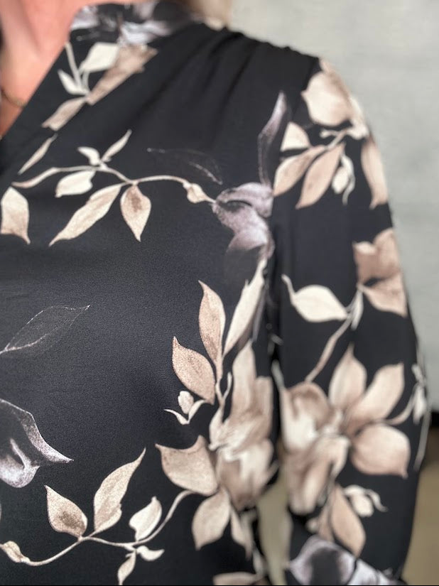 Black Floral Split Neck Blouse