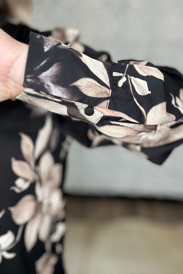 Black Floral Split Neck Blouse