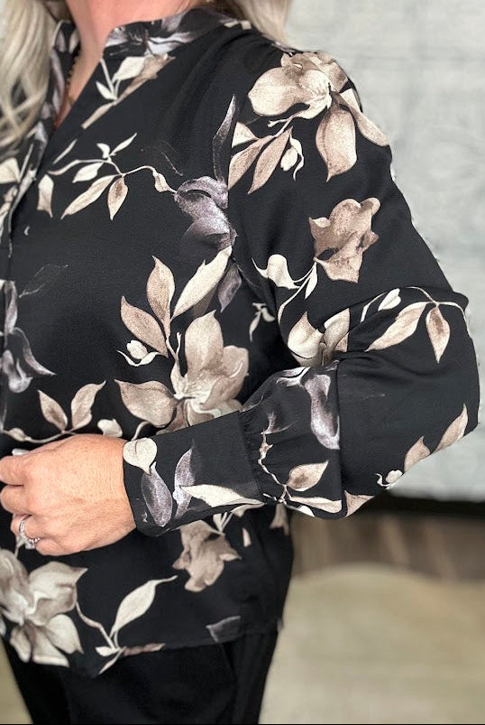 Black Floral Split Neck Blouse