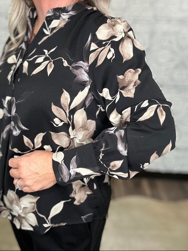 Black Floral Split Neck Blouse